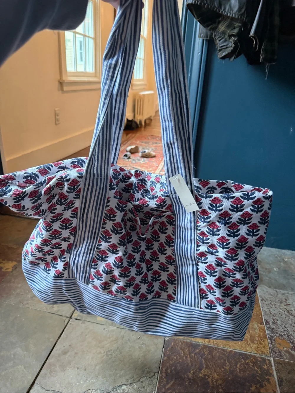 Striped Handle Floral Canvas Tote Bag in Navy & Pink